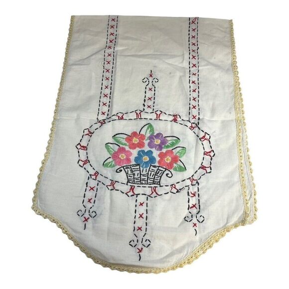 Victorian White Cotton Floral Embroidered Table Runner Crocheted Lace Edge 13x41 - Picture 1 of 5